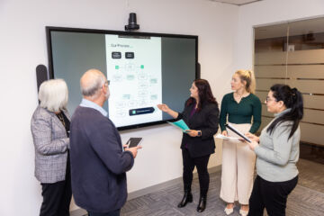 eWorks Content Development Process with group of 5 coworkers next to a large display monitor